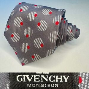 Vintage GIVENCHY MONSIEUR Gray Abstracted Olive Patterned Classic Silk Tie,